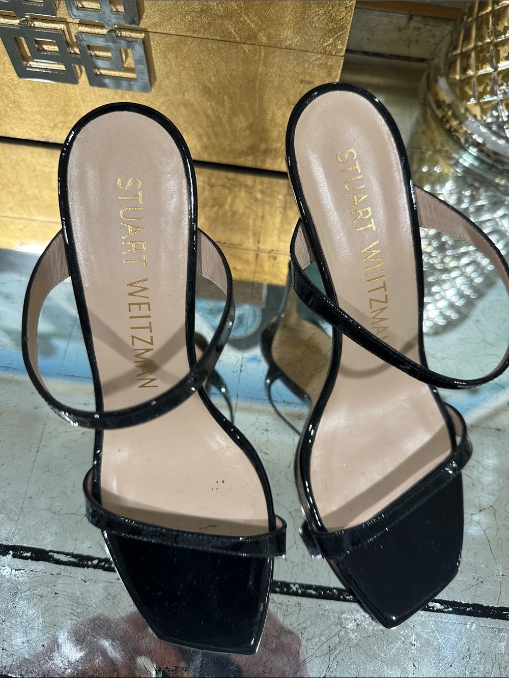 Stuart Weitzman Black Patent Strappy Slide Sandals barely worn